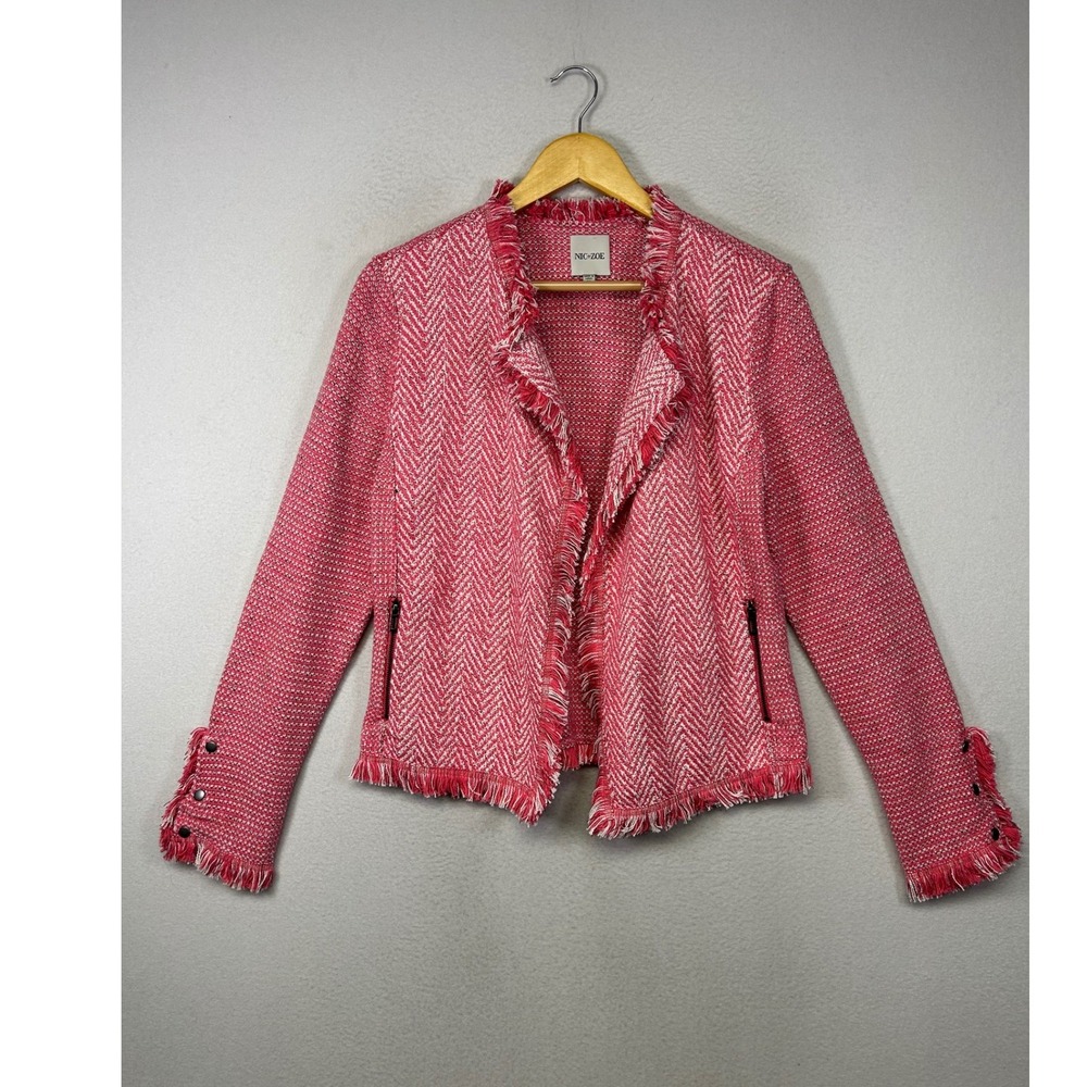 Preppy NIC+ZOE Womens‎ M Pink Herringbone Fringe Trim Open Front Cardigan Jacket